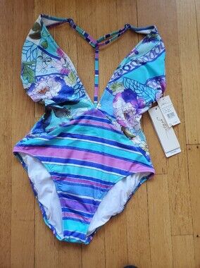 (nwt) Gottex Vibrant Floral & Stripe One-Piece Swimsuit in Aqua, Purple, Pink